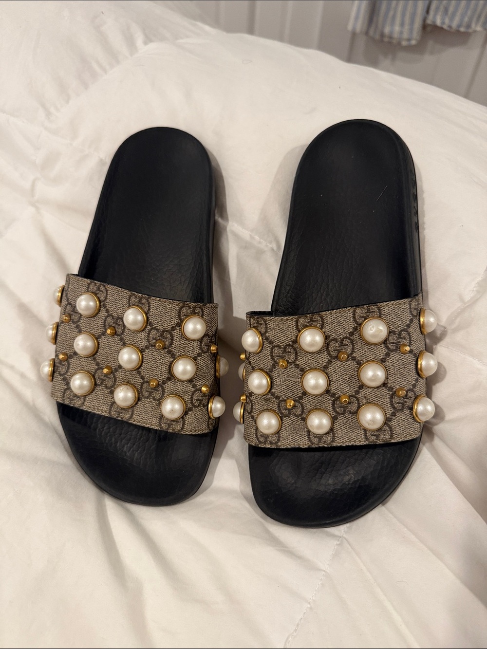 Gucci Pearl-Studded Monogram Slide Sandals